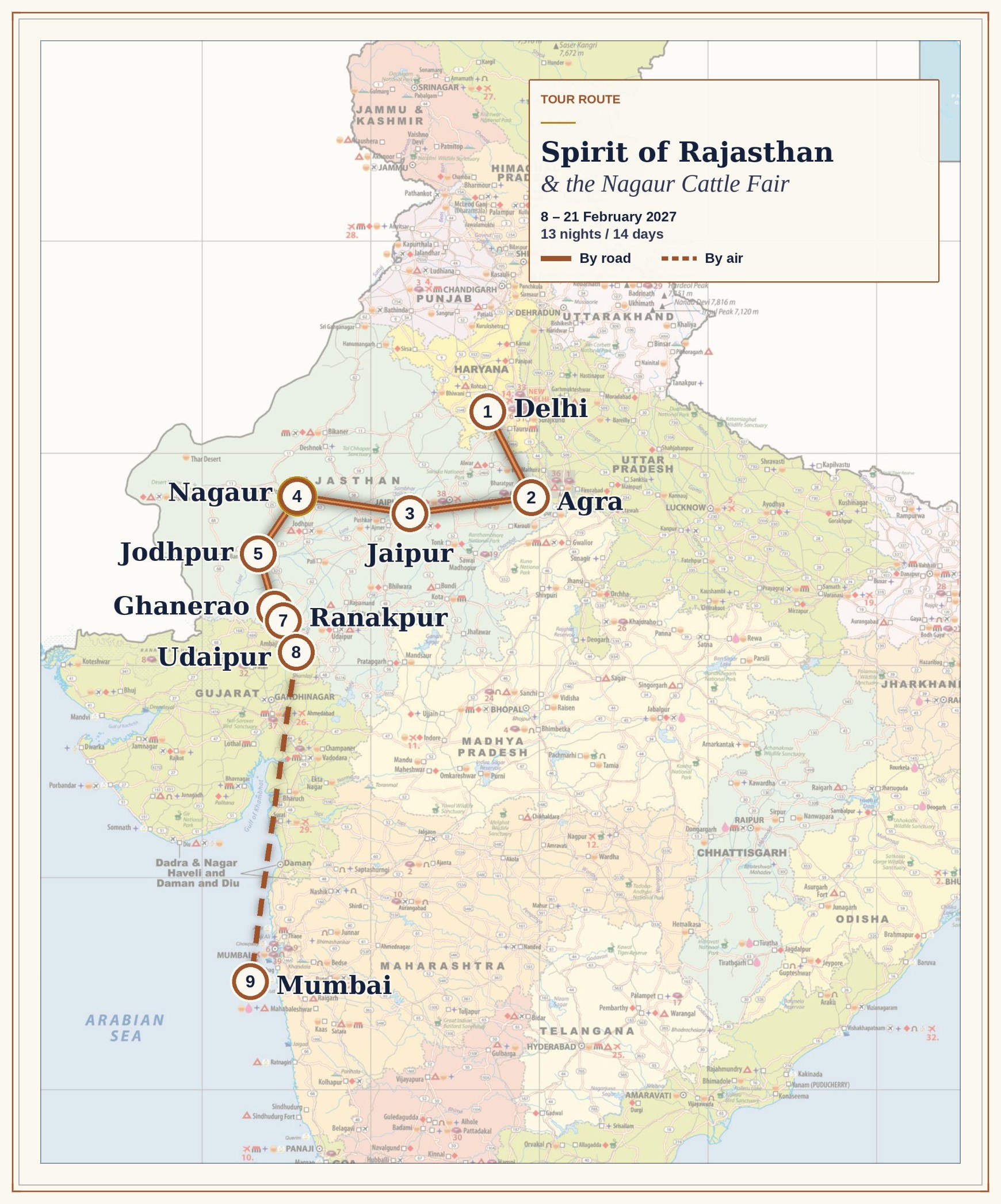 Spirit of Rajasthan & the Nagaur Cattle Fair — tour route map from Delhi through Rajasthan to Mumbai