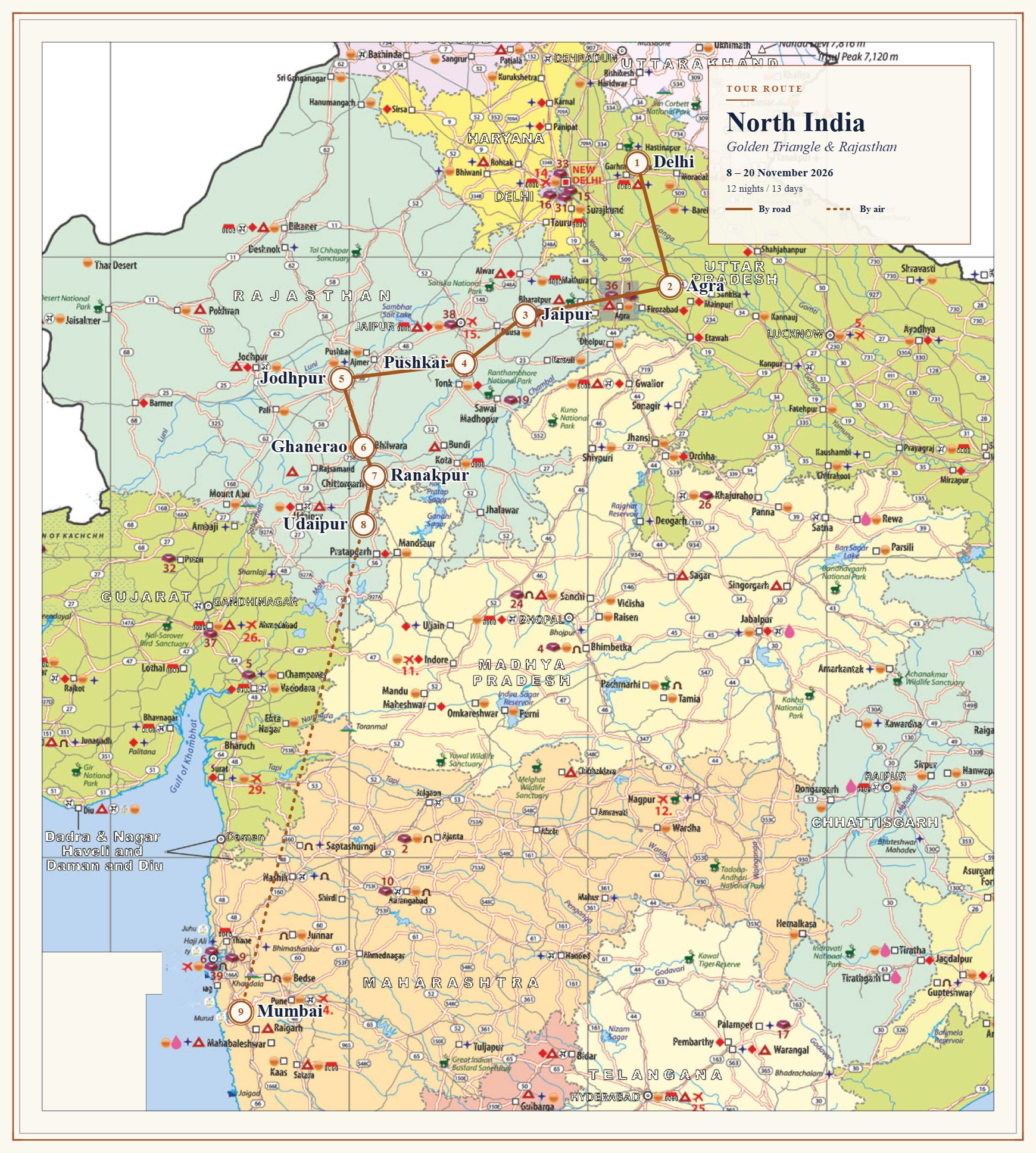 North India · Golden Triangle & Rajasthan — tour route map from Delhi through Rajasthan to Mumbai